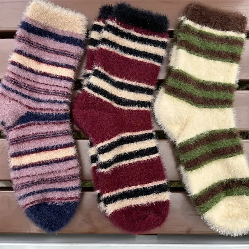 5 Pairs Striped Fluffy Crew Socks, Thick Warm Soft Mid Tube Socks For Fall & Winter, Women's Stockings & Hosiery MyFave Boutique