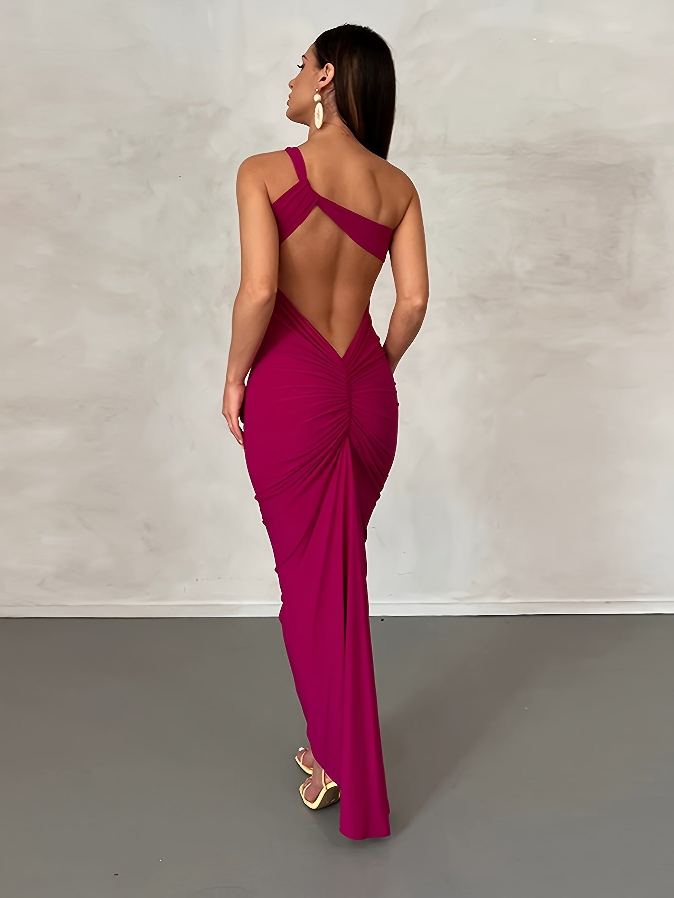 One Shoulder Ruched Cut Out Dress, Sexy Bodycon Maxi Dress For Party & Banquet, Women's Clothing MyFave Boutique