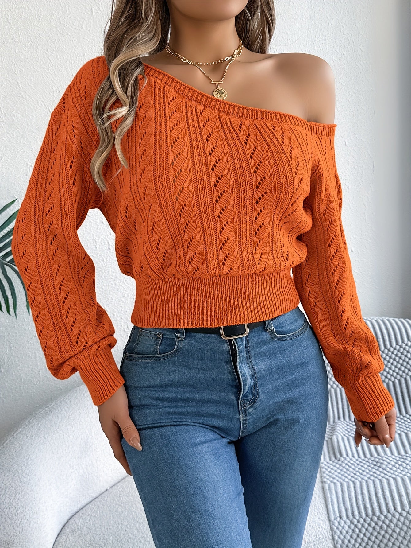 Chic Off-Shoulder Knit Sweater for Women - Casual Vacation Style, Long Sleeve, Hollow-Out Design, Acrylic, Perfect for Fall/Winter MyFave Boutique