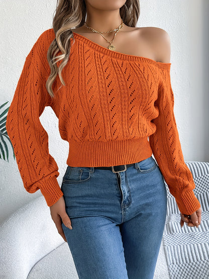 Chic Off-Shoulder Knit Sweater for Women - Casual Vacation Style, Long Sleeve, Hollow-Out Design, Acrylic, Perfect for Fall/Winter MyFave Boutique