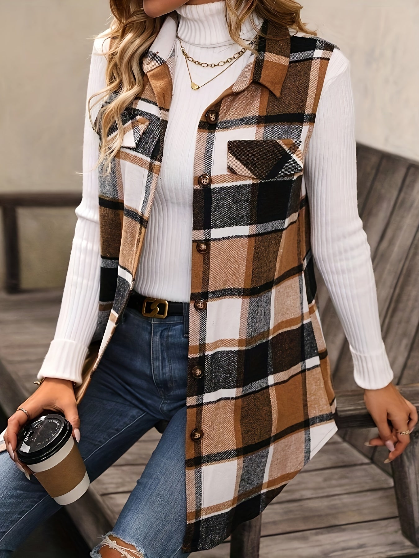 Plaid Pattern Button Front Vest, Stylish Sleeveless Curved Hem Vest For Spring & Fall, Women's Clothing MyFave Boutique