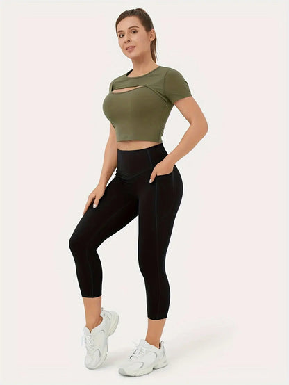 High-Waisted Side Pocket Sculpting Cropped Leggings with Breathable Design and Phone Pouch Detail MyFave Boutique