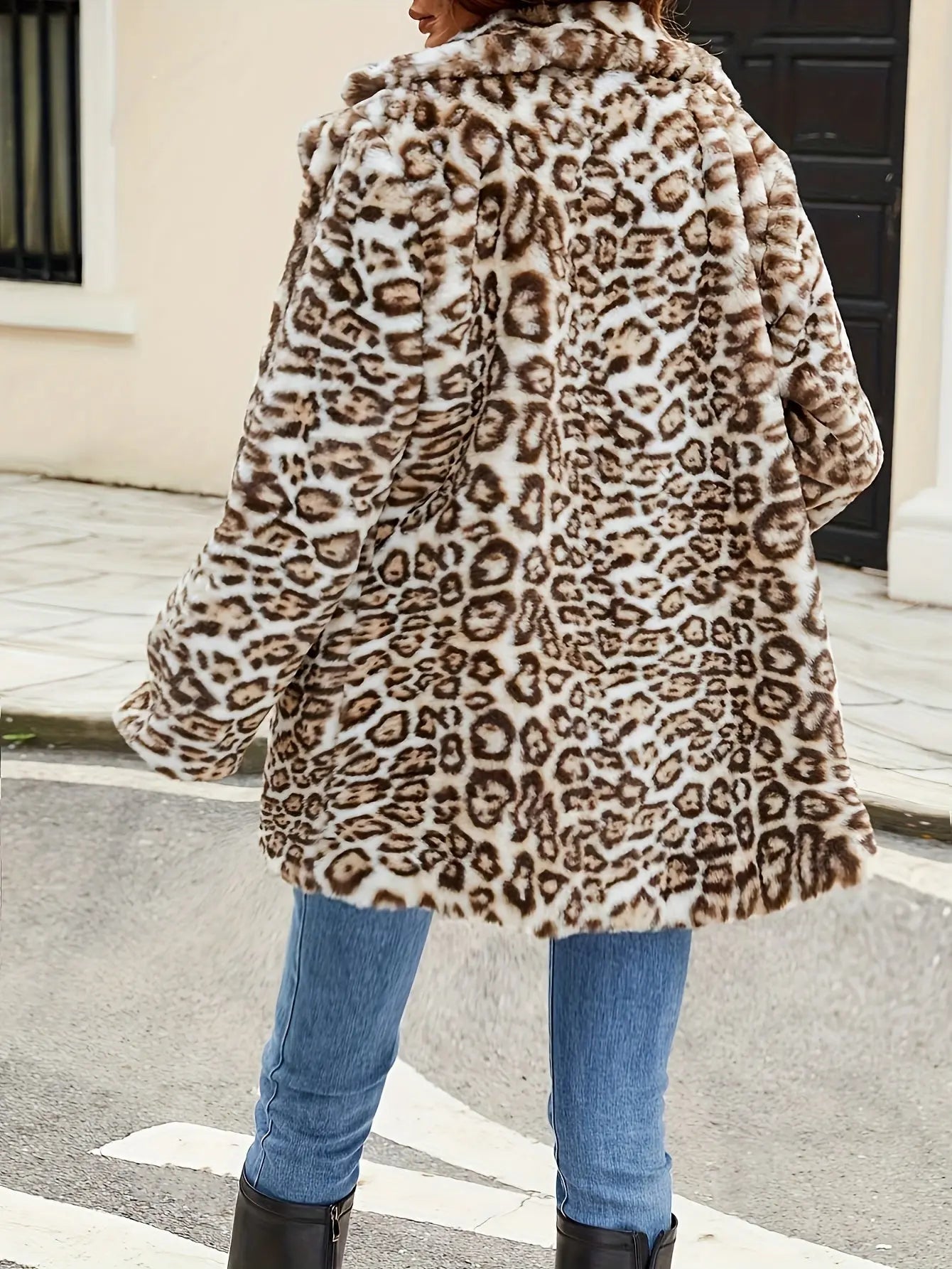 Elegant Leopard Print Faux Fur Coat for Women - 100% Polyester, Winter Fall Warm Color Block Fashion Jacket, Woven Outerwear MyFave Boutique