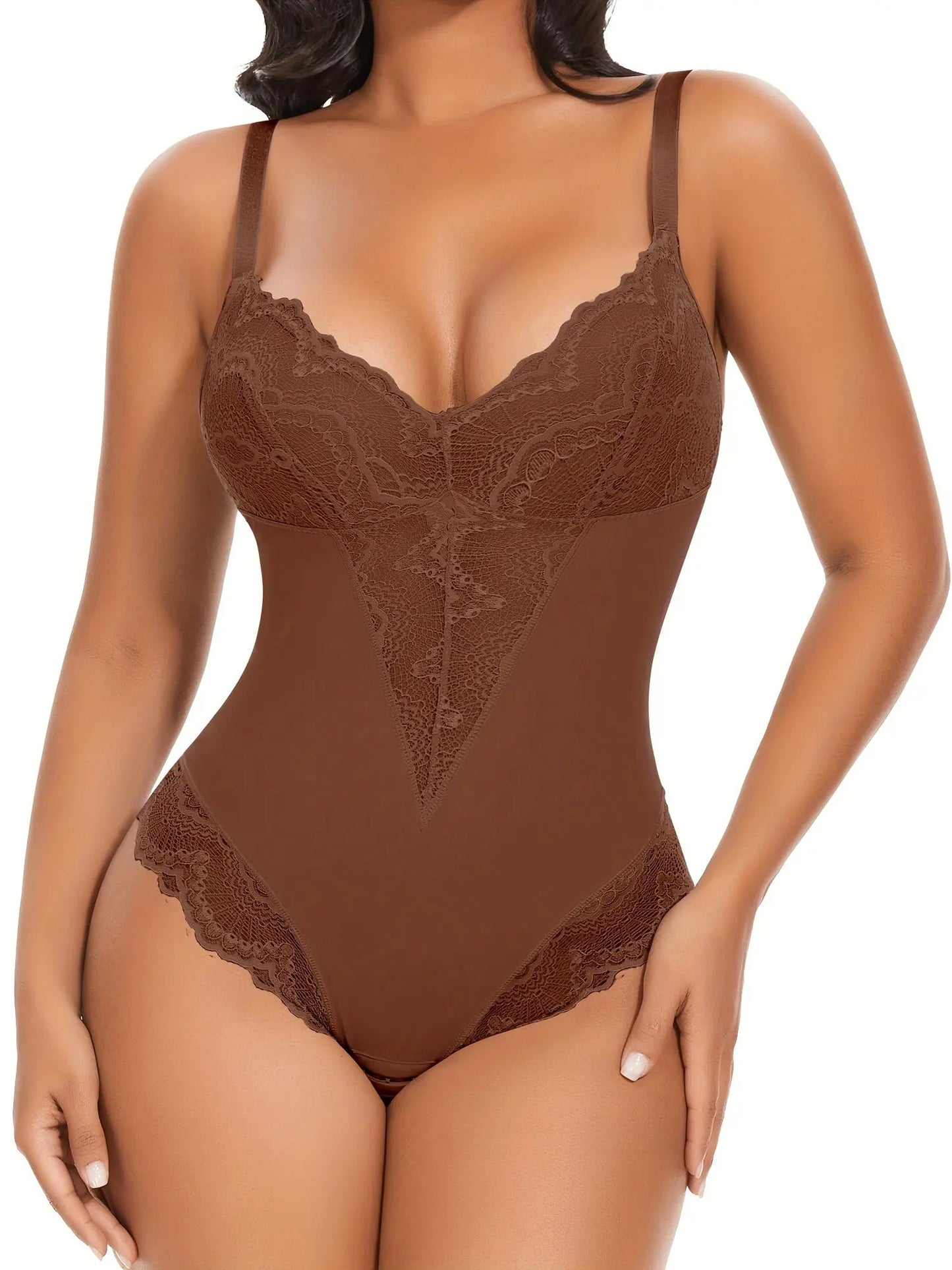 Werena Women's Slimming Lace-Trim V-Neck Shapewear Bodysuit - Tummy Control, Stretch Nylon Blend, Hand Washable MyFave Boutique