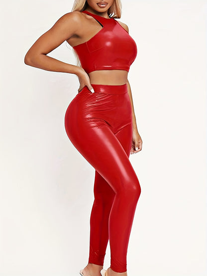 Stylish Faux Leather Slim Pants Set, Sleeveless Crop Tank Top & Solid Color Skinny Pants Outfits, Women's Clothing MyFave Boutique