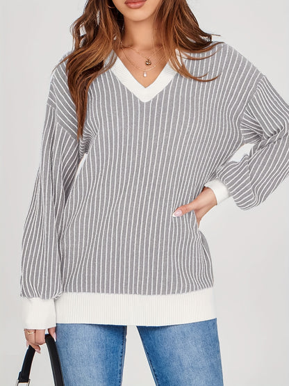 Sweaters For Women Fall Trendy Oversized V-Neck Striped Sweater Long Sleeve Knitted Casual Loose Color-Block Pullover MyFave Boutique