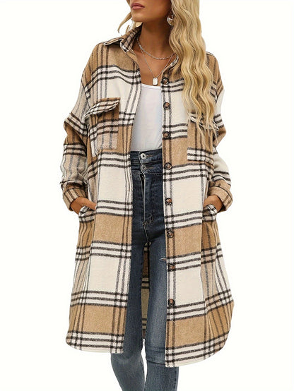 Women's Lounge Lapel Button Up Long Sleeve Plaid Long Shirt Jacket Shacket MyFave Boutique