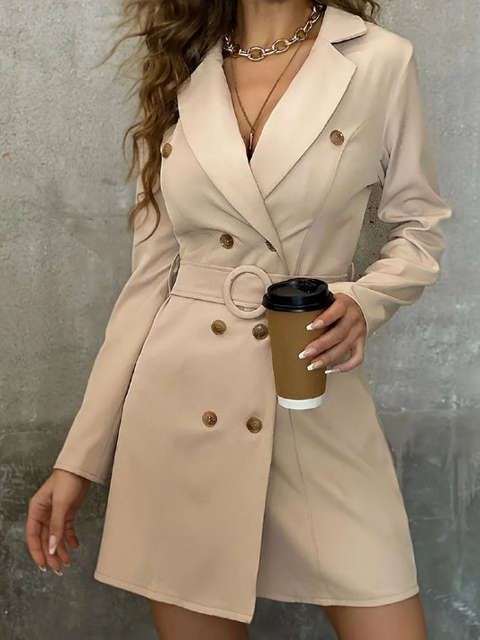 Solid Color Double Breasted Overcoat, Casual Long Sleeve Notched Lapel Belted Outerwear For Fall & Winter, Women's Clothing MyFave Boutique