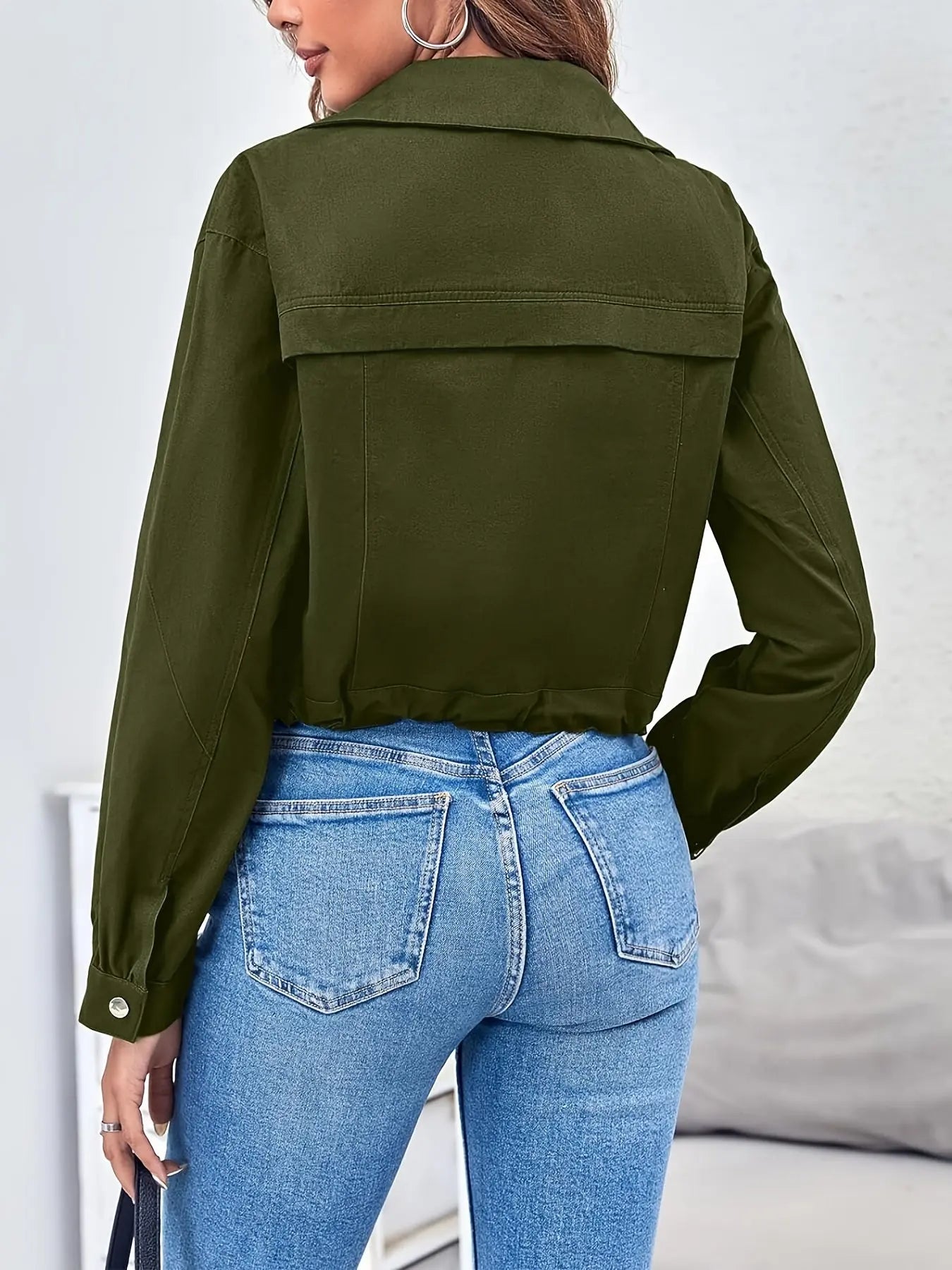 Zip Up Drawstring Crop Jacket, Casual Lapel Neck Long Sleeve Jacket For Spring & Fall, Women's Clothing MyFave Boutique