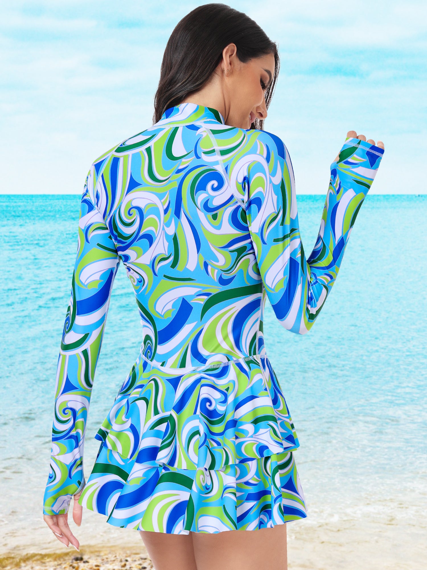 Waves Random Print Rash Guard for Women, Long Sleeve Women One Piece Swimsuits with Front Zipper Surfing Bathing Swimwear MyFave Boutique