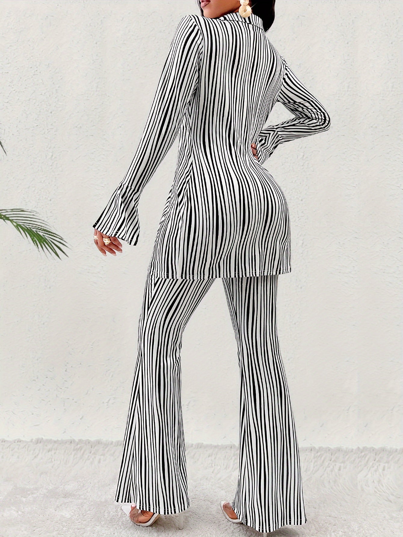 Elegant Striped Pattern Pants Set, Split Hem Long Sleeve Slim Blouse & Flare Leg Slim High Waist Pants, Women's Clothing MyFave Boutique