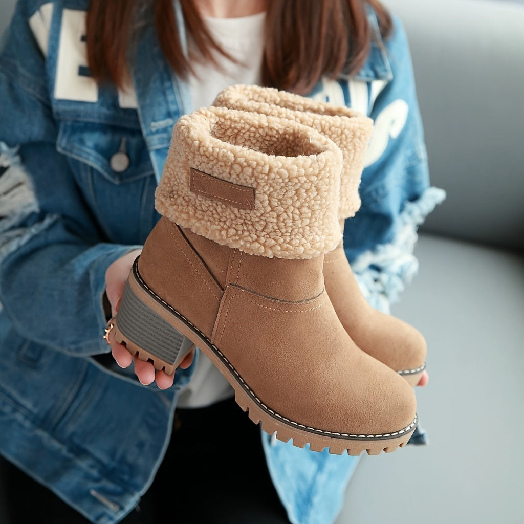 Women's Chunky Heeled Snow Boots, Retro Thermal Plush Lined Stacked Heels, Winter Warm Mid Calf Boots MyFave Boutique