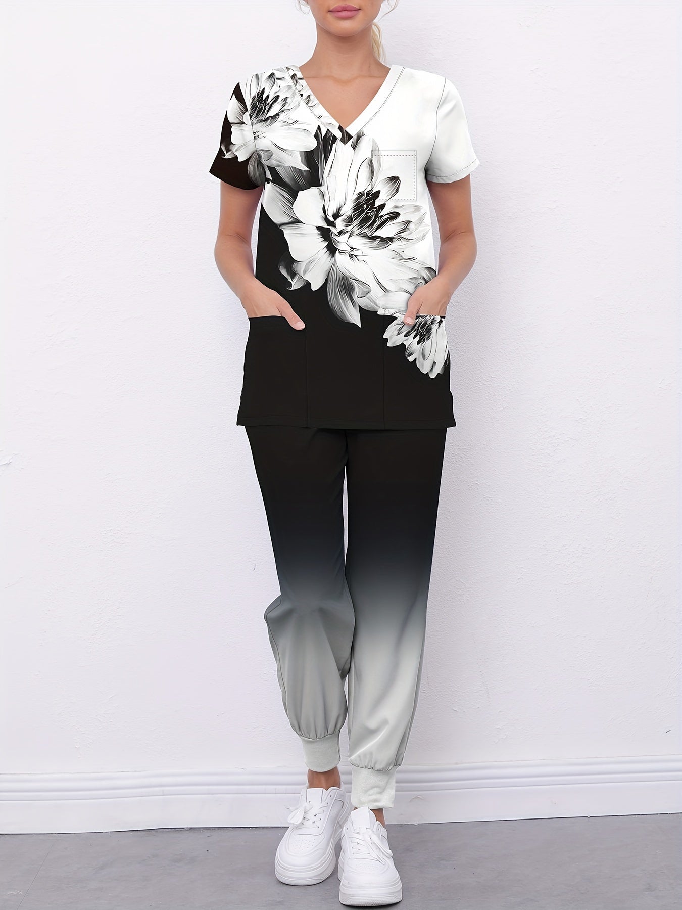 Floral Print V-Neck Scrub Top & Gradient Jogger Pants Set for Nurses and Women MyFave Boutique