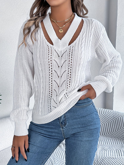 Solid Cut Out V Neck Sweater, Casual Long Sleeve Hollow Out Sweater For Fall & Winter, Women's Clothing MyFave Boutique