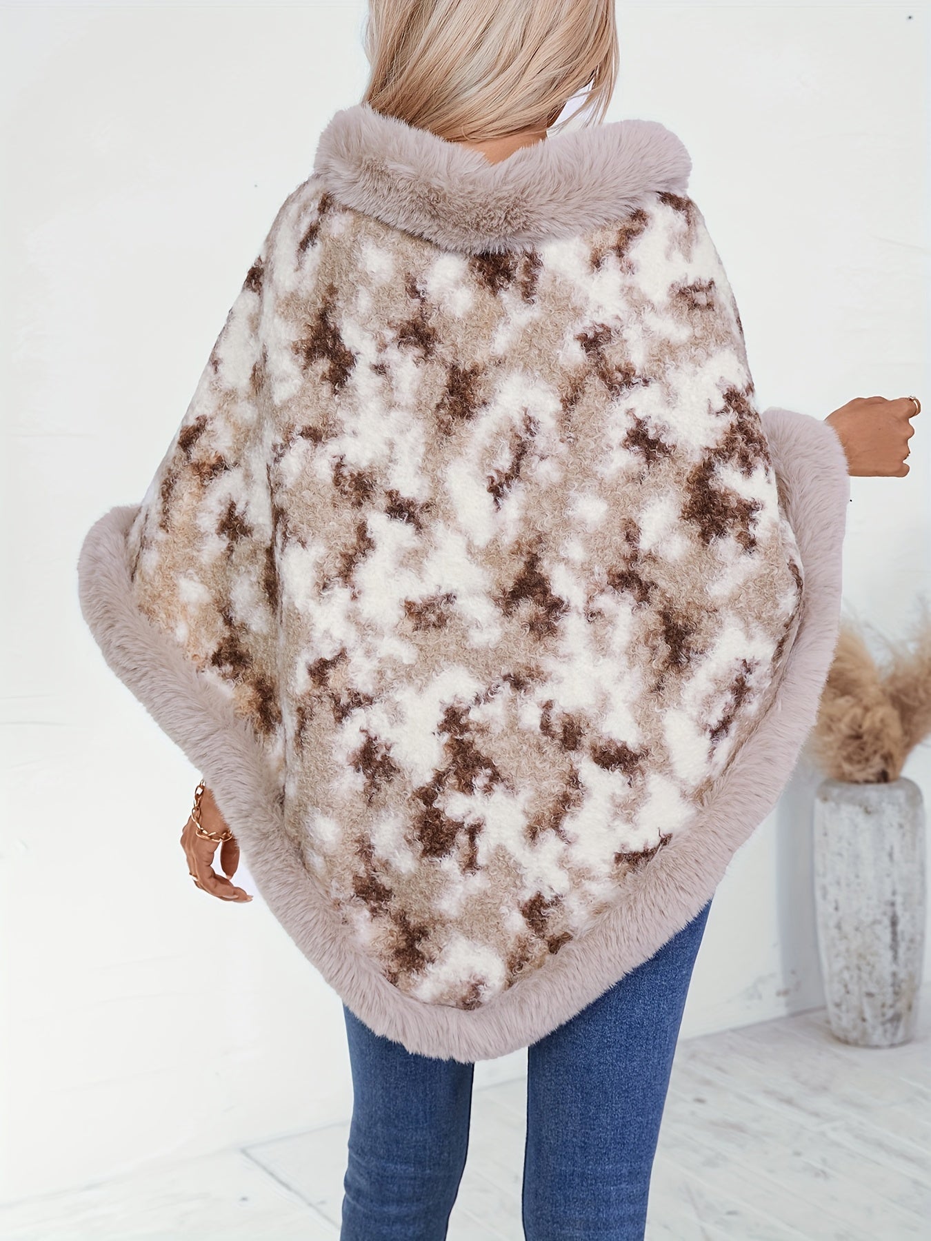 Fuzzy Knit Crew Neck Poncho, Casual Hanky Hem Long Sleeve Sweater For Fall & Winter, Women's Clothing MyFave Boutique