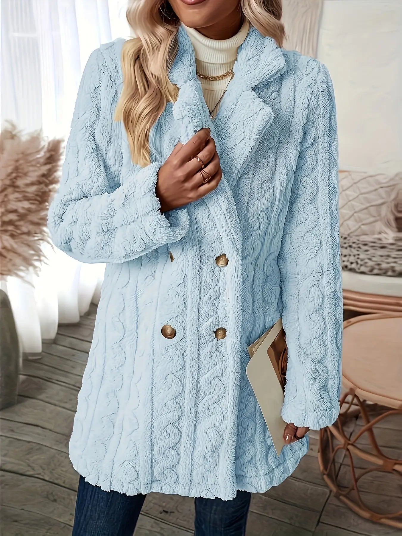 Double-Breasted Teddy Coat with Textured Sleeves, Women's Long Sleeve Winter Outwear MyFave Boutique