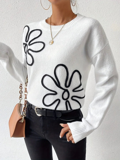 Floral Pattern Crew Neck Sweater, Elegant Drop Shoulder Long Sleeve Sweater For Fall & Winter, Women's Clothing MyFave Boutique