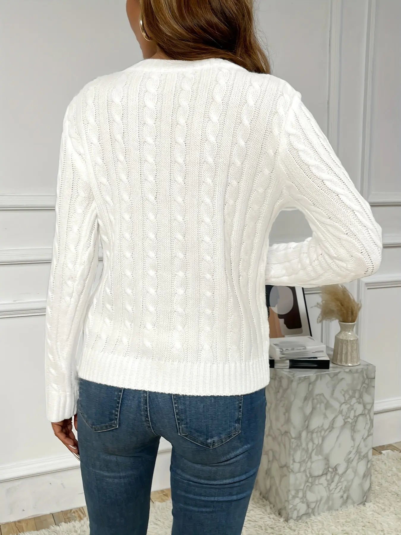 Cable Knitted Crew Neck Sweater, Casual Long Sleeve Pullover Sweater For Fall & Winter, Women's Clothing MyFave Boutique