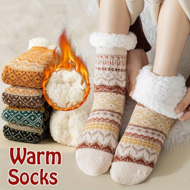 2 Pairs Of Thick Lamb Wool Socks, Winter Cold Resistant, Warm And Heat Storage Plush Socks, Silicone Anti Slip Floor Socks, Ethnic Style Outdoor Socks MyFave Boutique