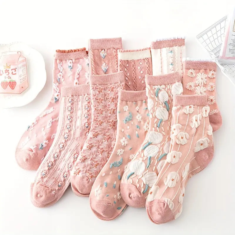 5 Pairs Retro Embossed Socks, Retro & Warm Mid Tube Socks, Women's Stockings & Hosiery MyFave Boutique