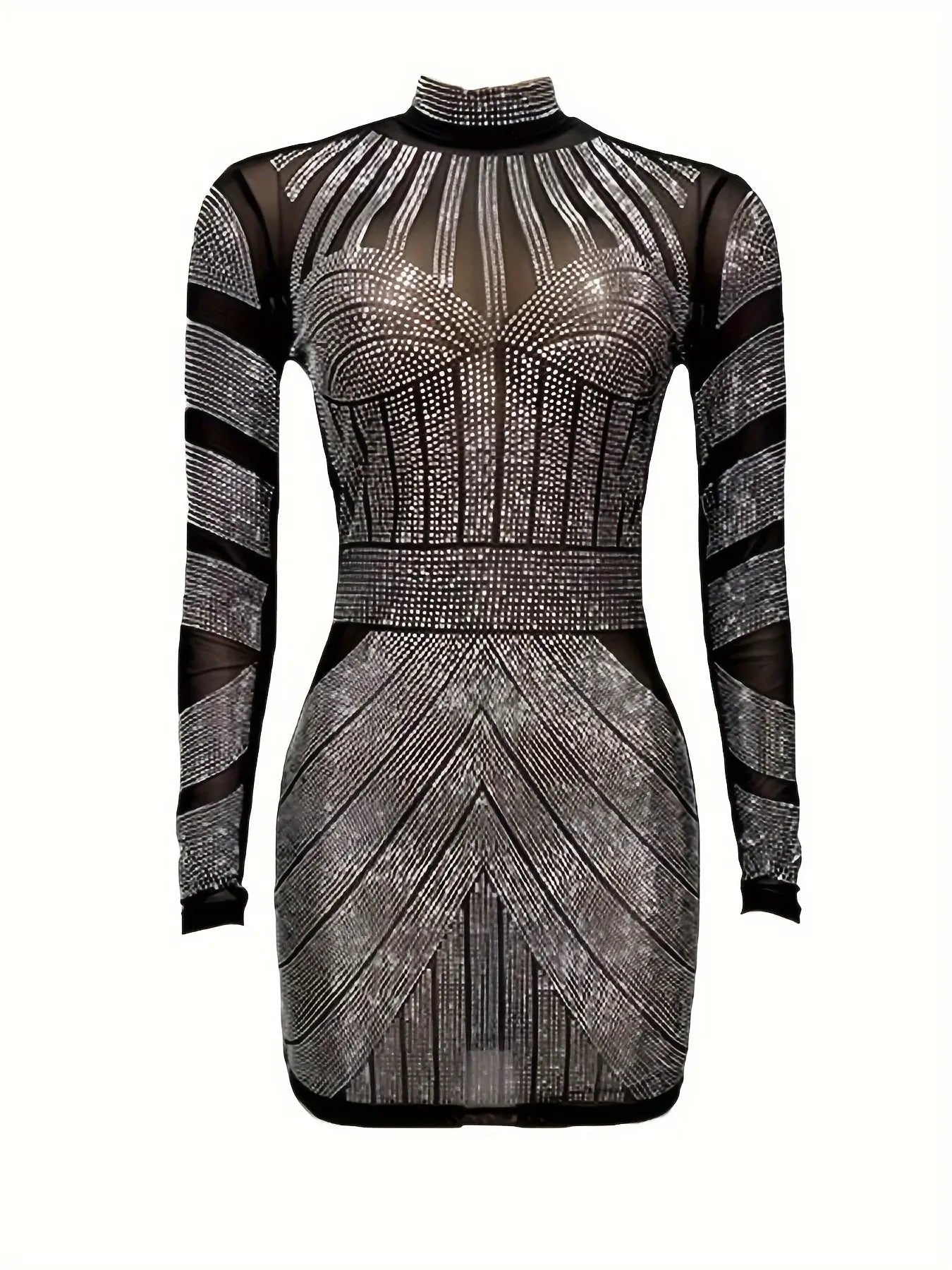 Elegant Bodycon Dress with Rhinestone Embellishments and Long Sleeves: Perfect for Parties - Women's Fashion MyFave Boutique