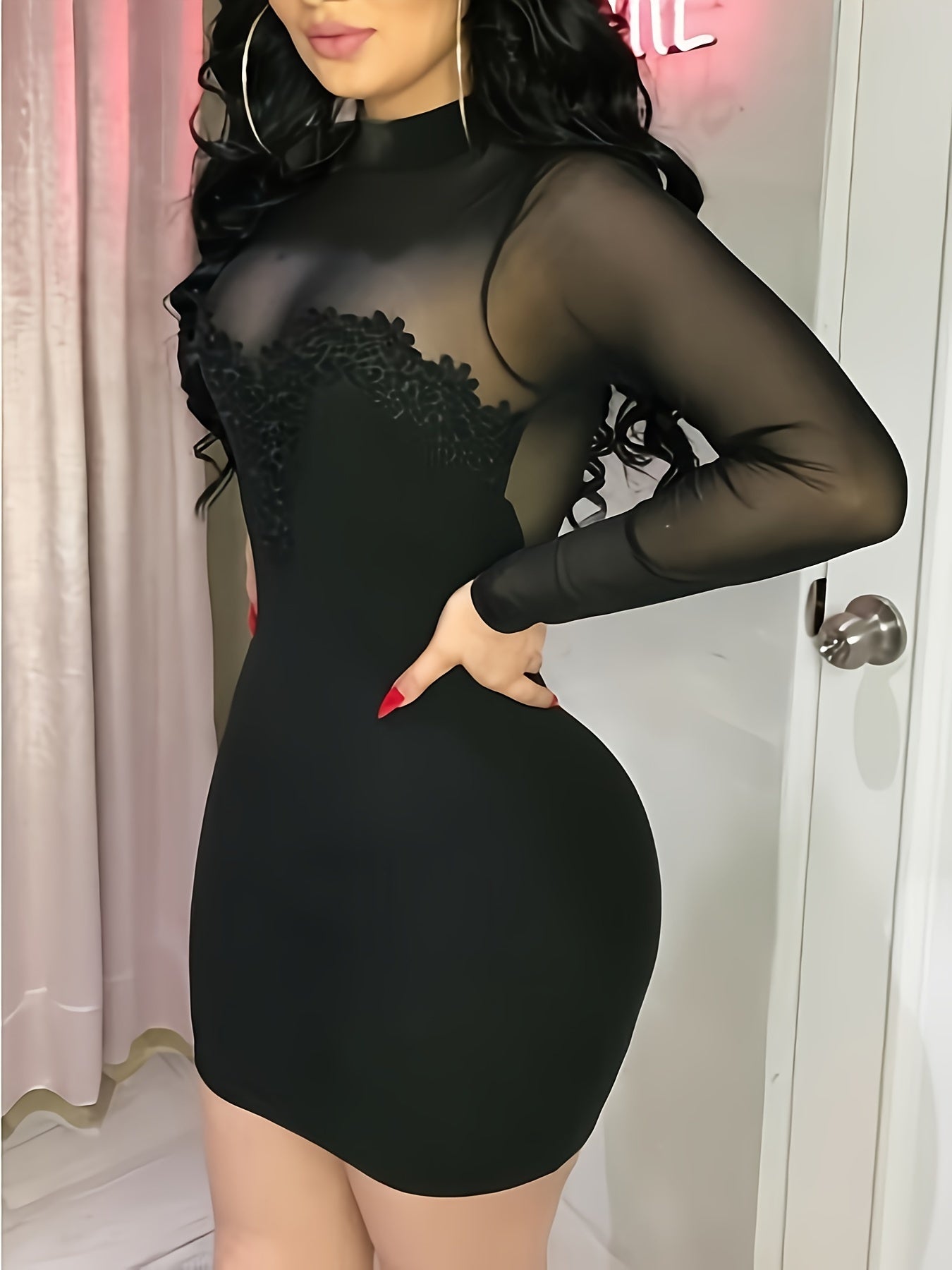 Stylish Black Sheer Mesh Sleeve Bodycon Mini Dress MyFave Boutique