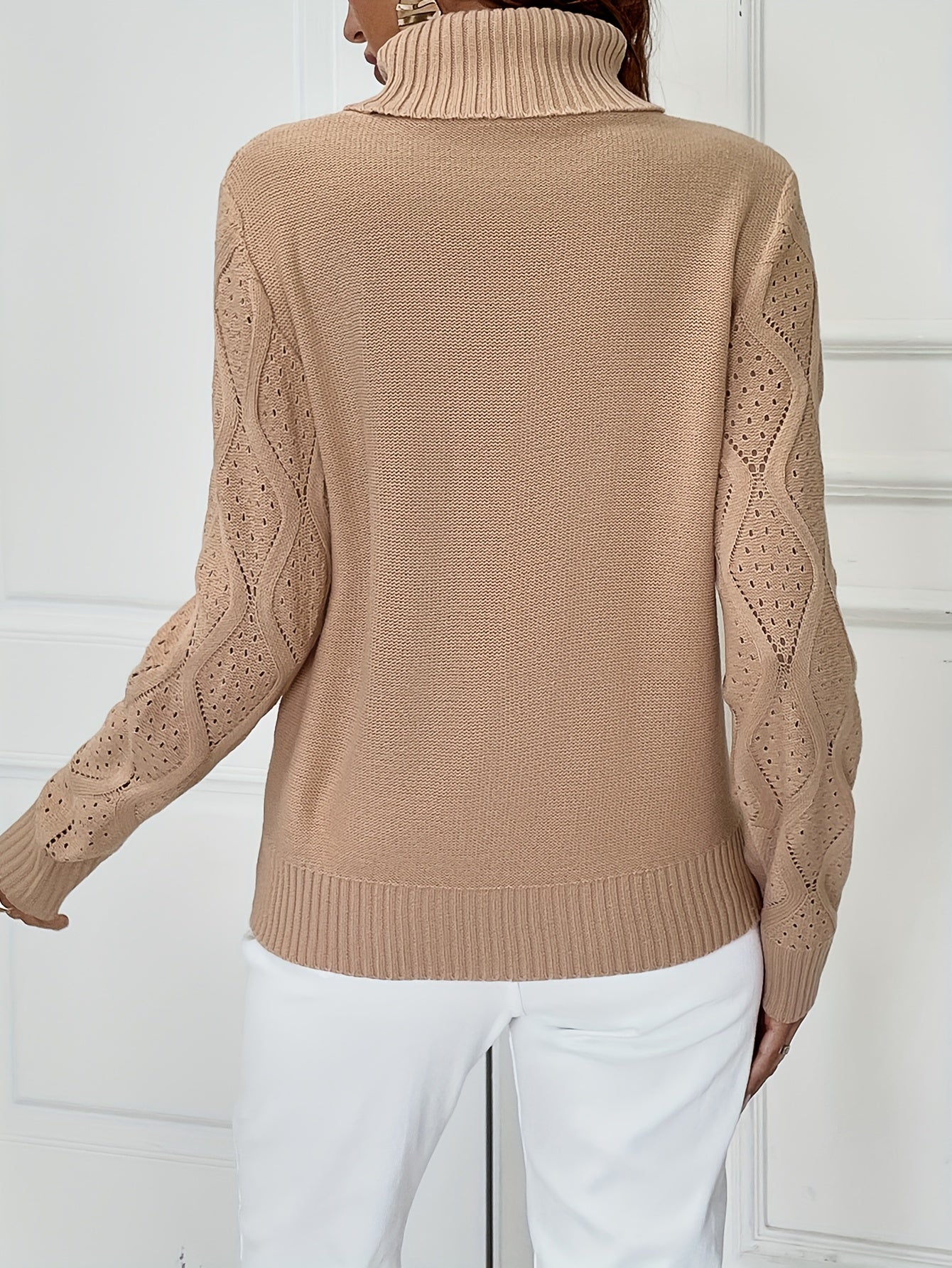 Solid Beaded Turtleneck Pullover Sweater, Elegant Long Sleeve Knitted Pullover, Women's Clothing MyFave Boutique