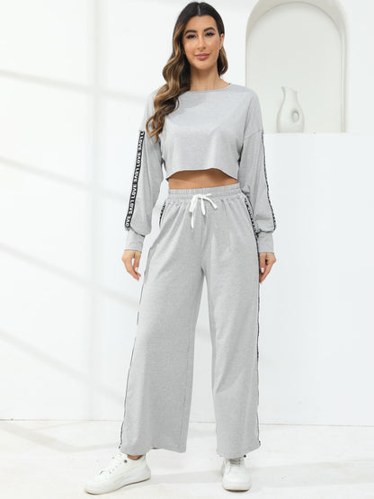 2pcs Casual Sports Set, Letter Tape Pattern Round Neck Sweatshirt & Loose High Waist Sweatpants Suit, Women's Activewear MyFave Boutique