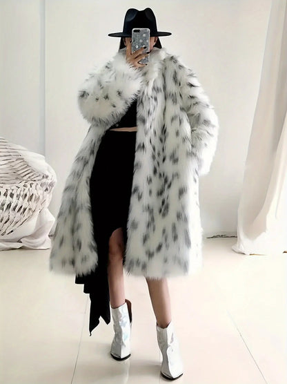 Leopard Print Open Front Faux Fur Coat, Long Sleeve Knee Length Thermal Coat for Women, Fall & Winter Fashion MyFave Boutique