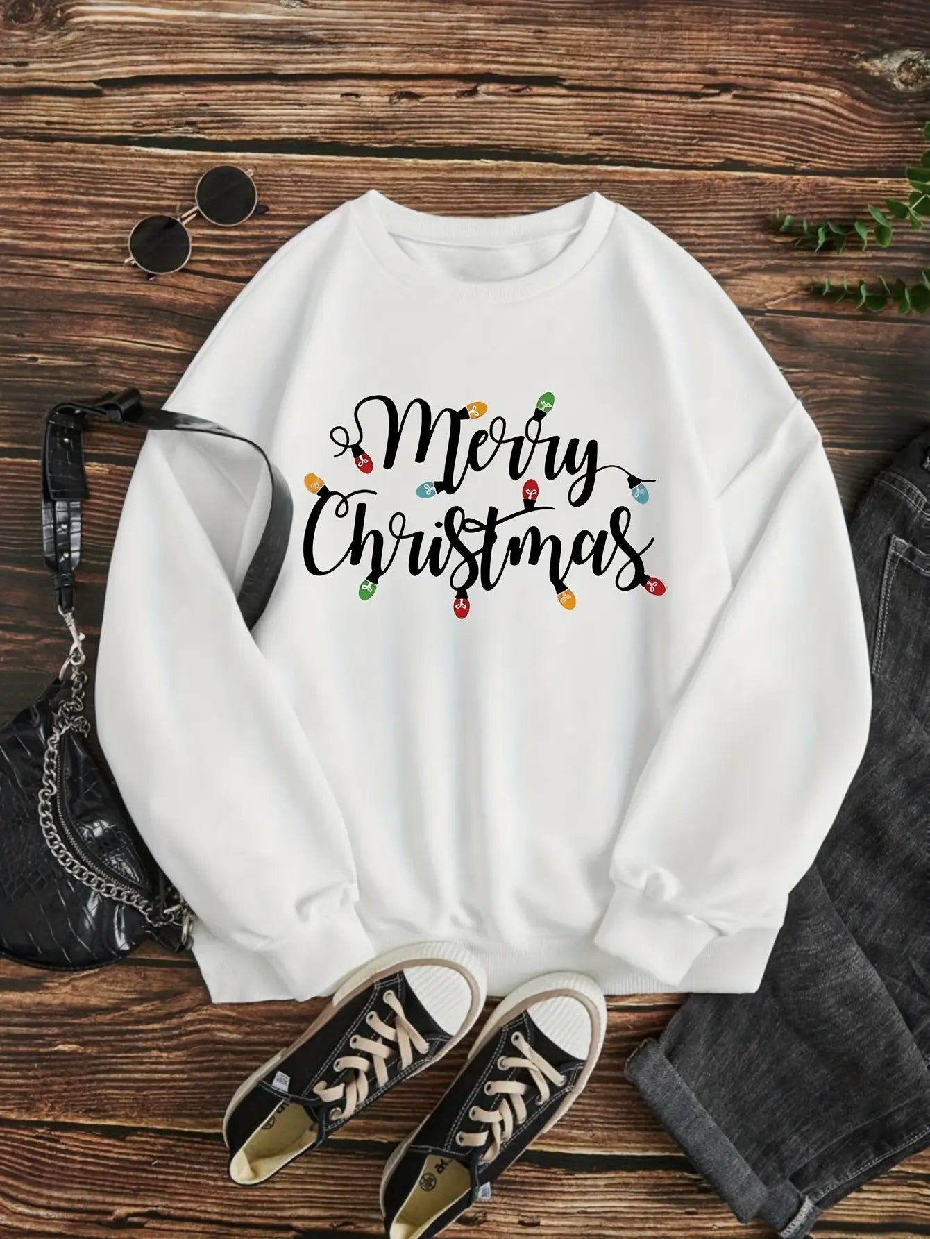 Merry Christmas Print Pullover Sweatshirt, Casual Long Sleeve Crew Neck Sweatshirt For Fall & Winter, Women's Clothing MyFave Boutique