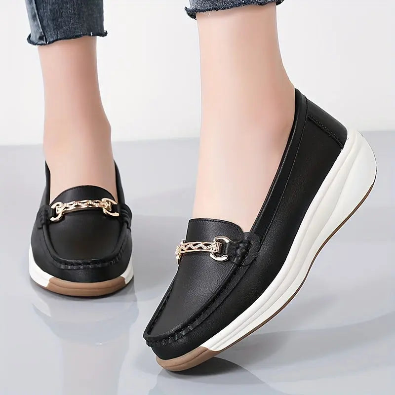 Women's Buckle Detail Loafers, Round Toe Slip-On Flats with Soft Sole, Solid Color MyFave Boutique