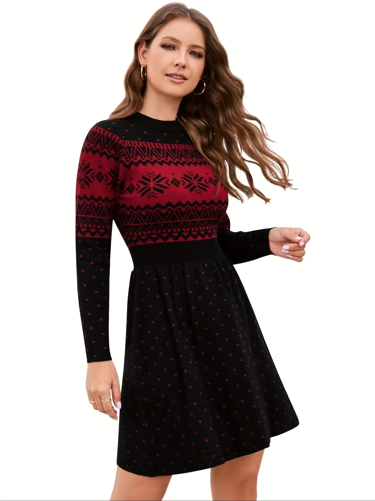 Solid Color Cable Knit Sweater Dress, Elegant Long Sleeve A Line Dress For Spring & Fall, Women's Clothing MyFave Boutique