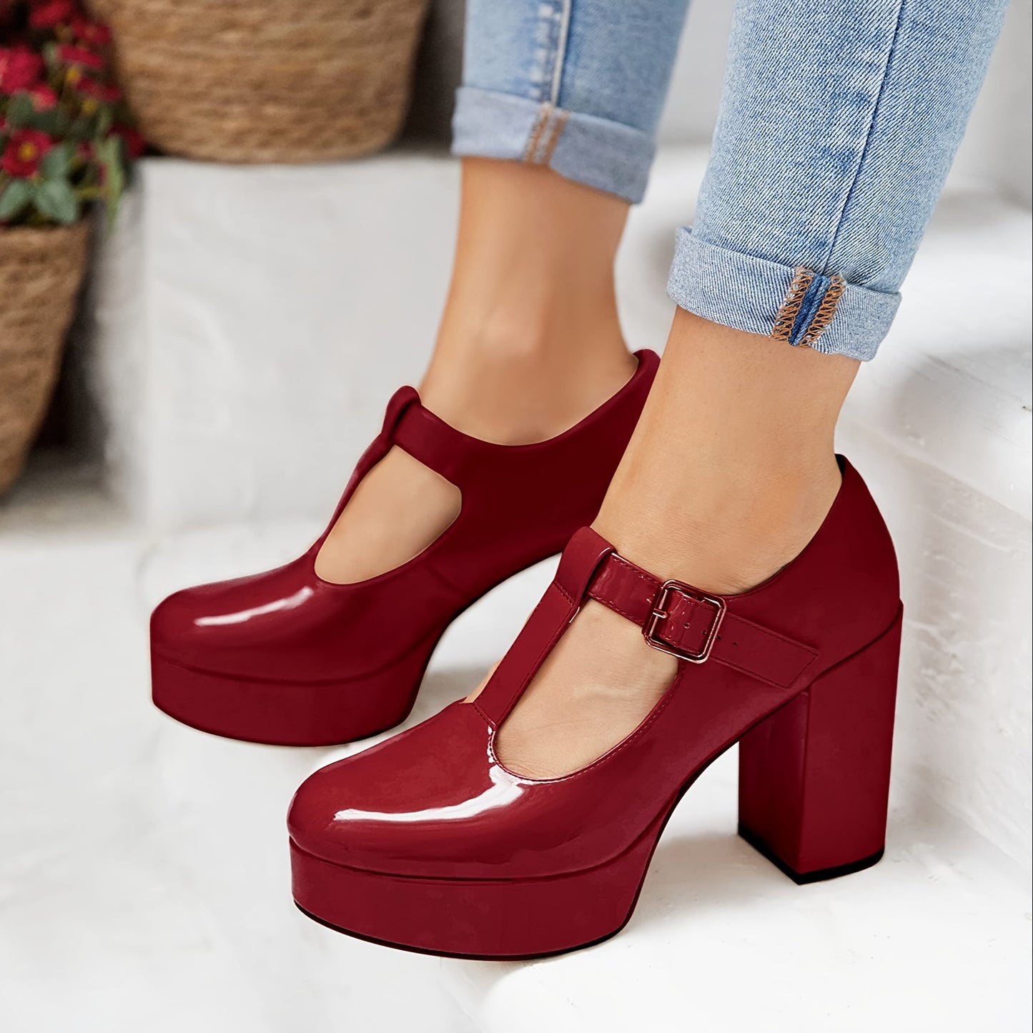 Women's Burgundy Thick Platform T-Strap Mary Jane Pumps, High Block Heel, Faux Patent Leather Fashion Footwear MyFave Boutique