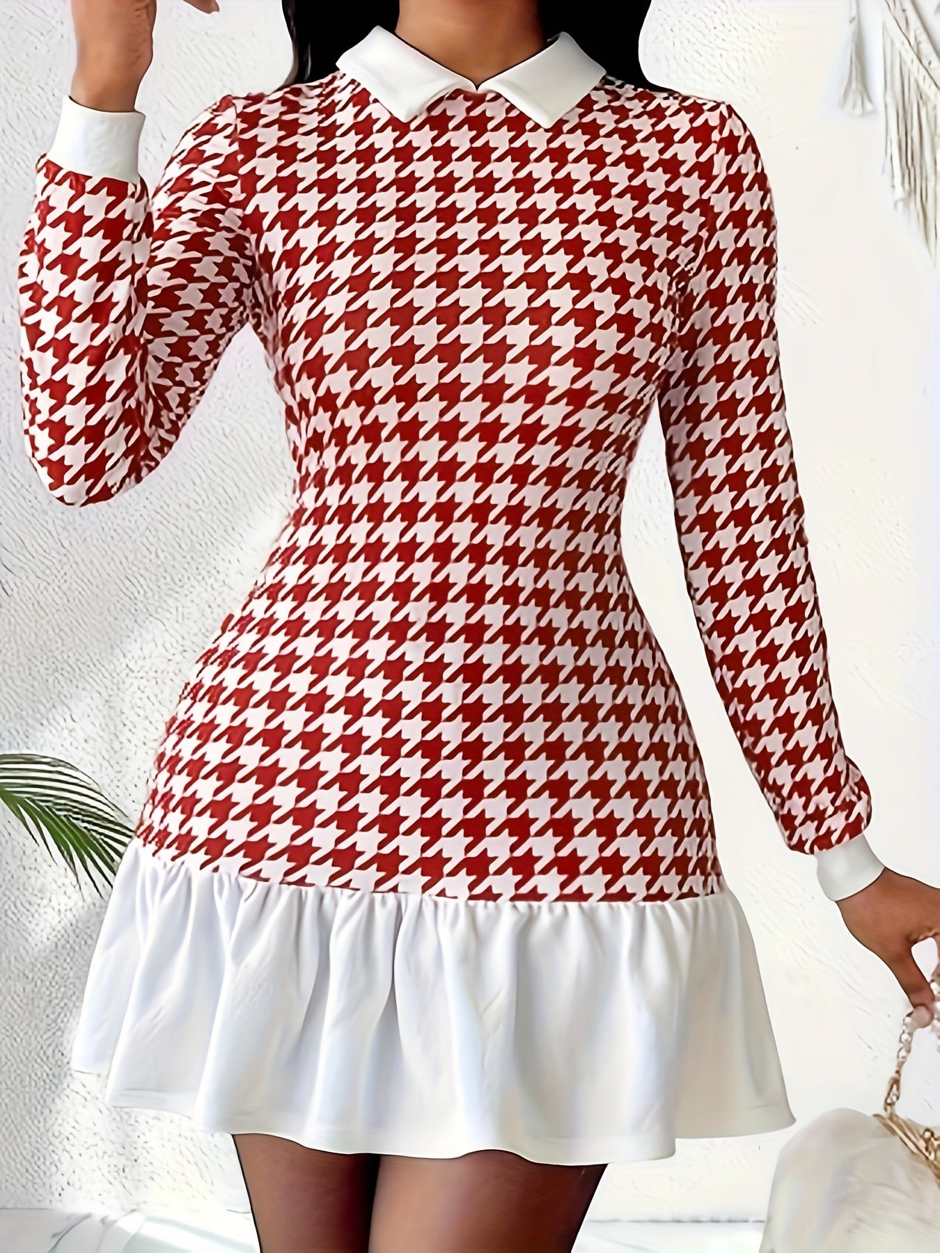 Elegant Houndstooth Print Dress with Contrasting Collar and Ruffled Hem, Polyester Knit Fabric, Long Sleeve, Fit and Flare Style for Spring/Summer/Fall - Adult Women's Polyester Blend (95% Polyester, 5% Elastane) MyFave Boutique