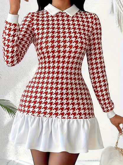 Elegant Houndstooth Print Dress with Contrasting Collar and Ruffled Hem, Polyester Knit Fabric, Long Sleeve, Fit and Flare Style for Spring/Summer/Fall - Adult Women's Polyester Blend (95% Polyester, 5% Elastane) MyFave Boutique