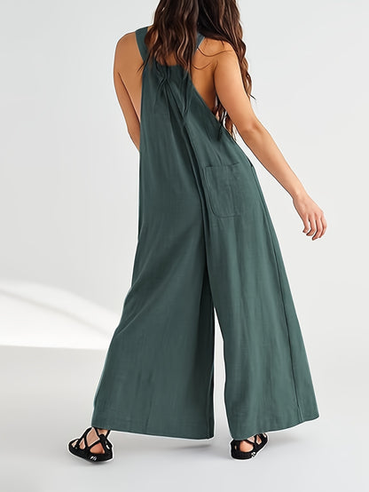 Solid Color Wide Leg Overall Jumpsuit, Casual Sleeveless Loose Overall Jumpsuit With Pocket, Women's Clothing MyFave Boutique