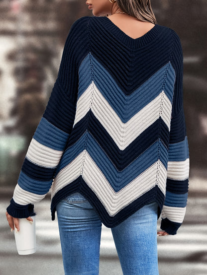 Women's Color Block Long Sleeve Crew Neck Sweater for Fall & Winter MyFave Boutique