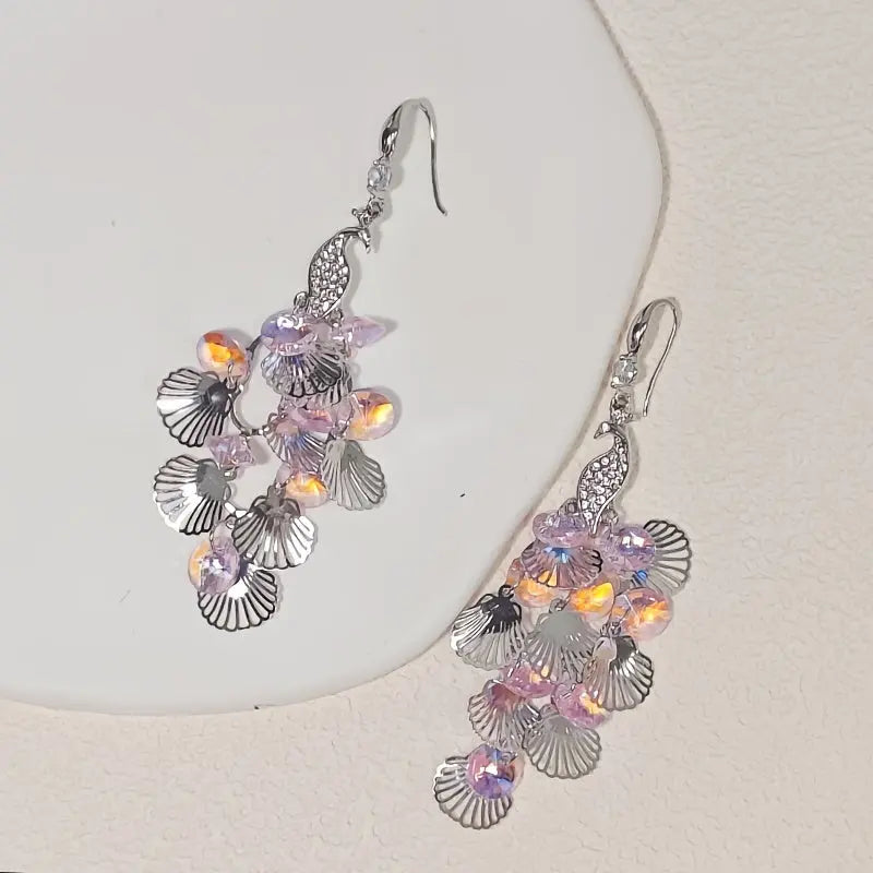 Elegant Peacock Crystal Drop Earrings with Silvery HollowLeaf Tassels - Gorqeous Rhinestone Accents, Suitable for daily and party wear MyFave Boutique