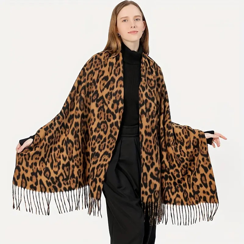 Mature Casual Leopard Tassel Scarf Stylish Imitation Cashmere Soft Warm Shawl Autumn Winter Elastic Coldproof Neck Scarf MyFave Boutique