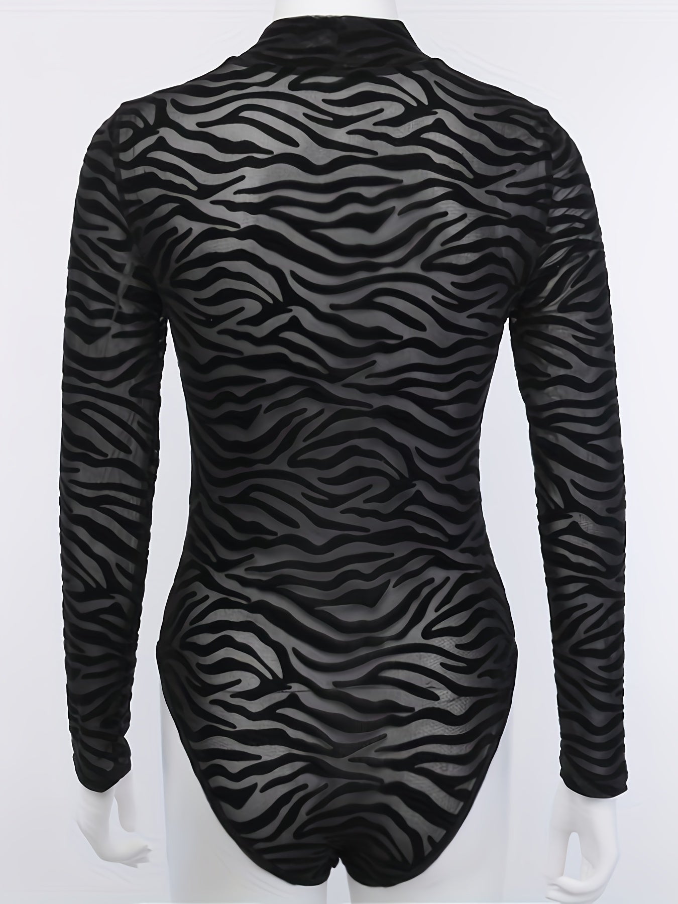 Zebra Print Sheer Bodysuit, Sexy Mock Neck Long Sleeve Skinny Bodysuit, Women's Clothing For Fall MyFave Boutique