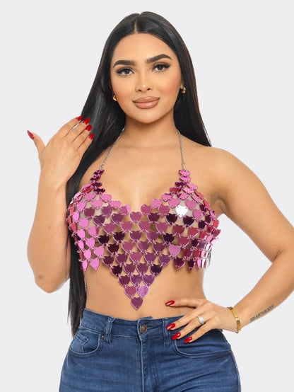 Sparkling Heart Sequin Halter Crop Top - Perfect for Party, Club, and Festival Outfits in Purple and Silver MyFave Boutique