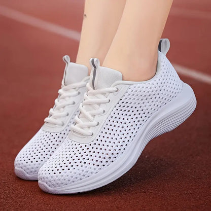 Women's Solid Color Mesh Snerakers, Lace Up Soft Sole Platform Fitness Shoes, Low-top Breathable Running Shoes MyFave Boutique