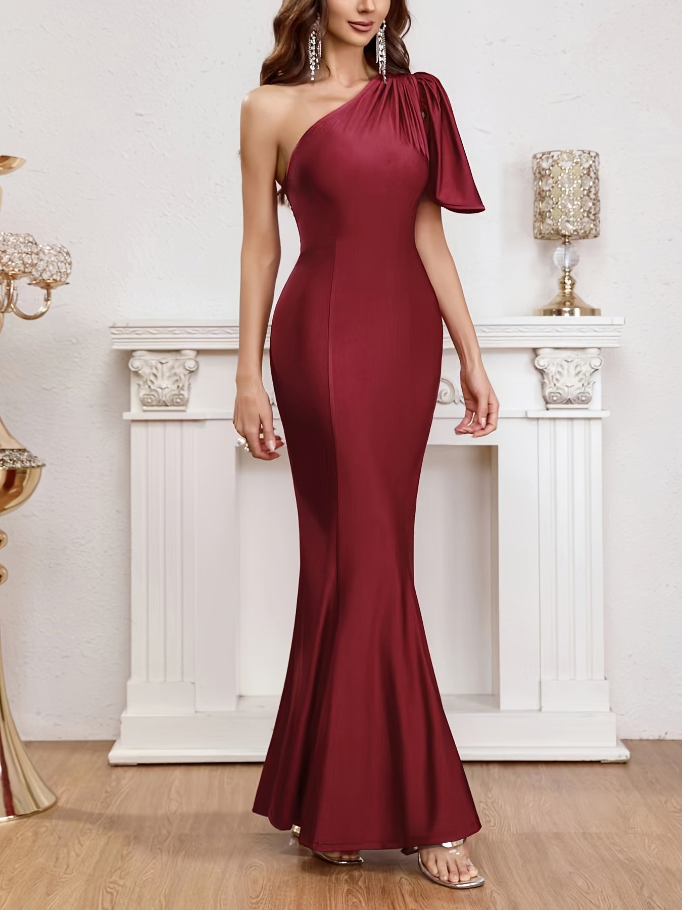 Solid One Shoulder Mermaid Hem Dress, Elegant Bodycon Dress For Banquet & Party, Women's Clothing MyFave Boutique