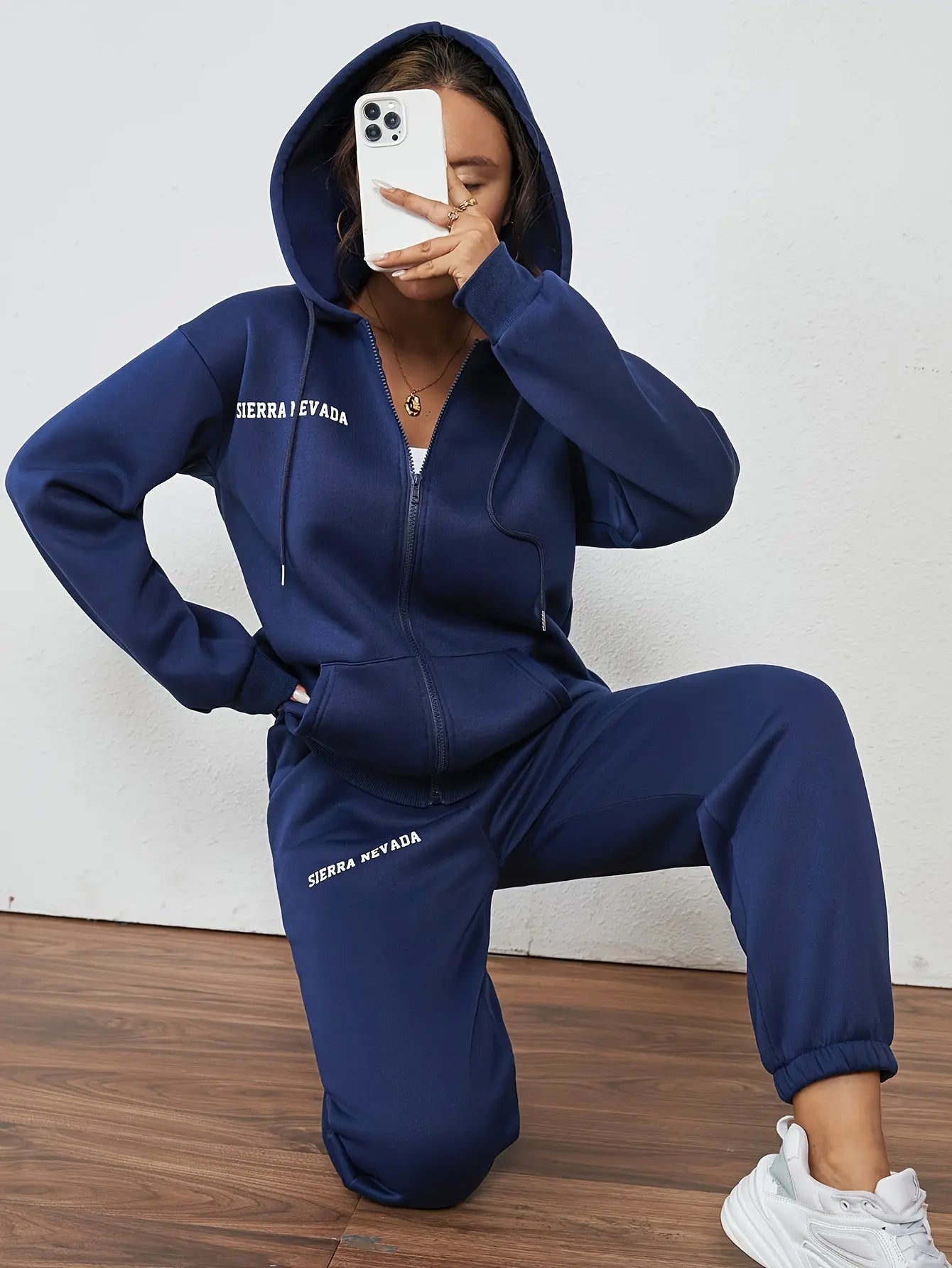 Women's Casual Letter Print Fleece Hoodie & Joggers Set - Zip-Up, Drawstring Sweatshirt with Pockets and Elastic Waist Pants for Fall/Winter MyFave Boutique