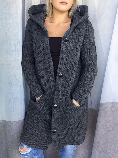 Solid Button-Front Hooded Cardigan with Pockets, Long Sleeve Fall & Winter Women's Clothing MyFave Boutique