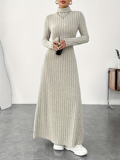 Solid Color Turtle Neck Ribbed Dress, Elegant Long Sleeve Flared Maxi Dress For Spring & Fall, Women's Clothing MyFave Boutique