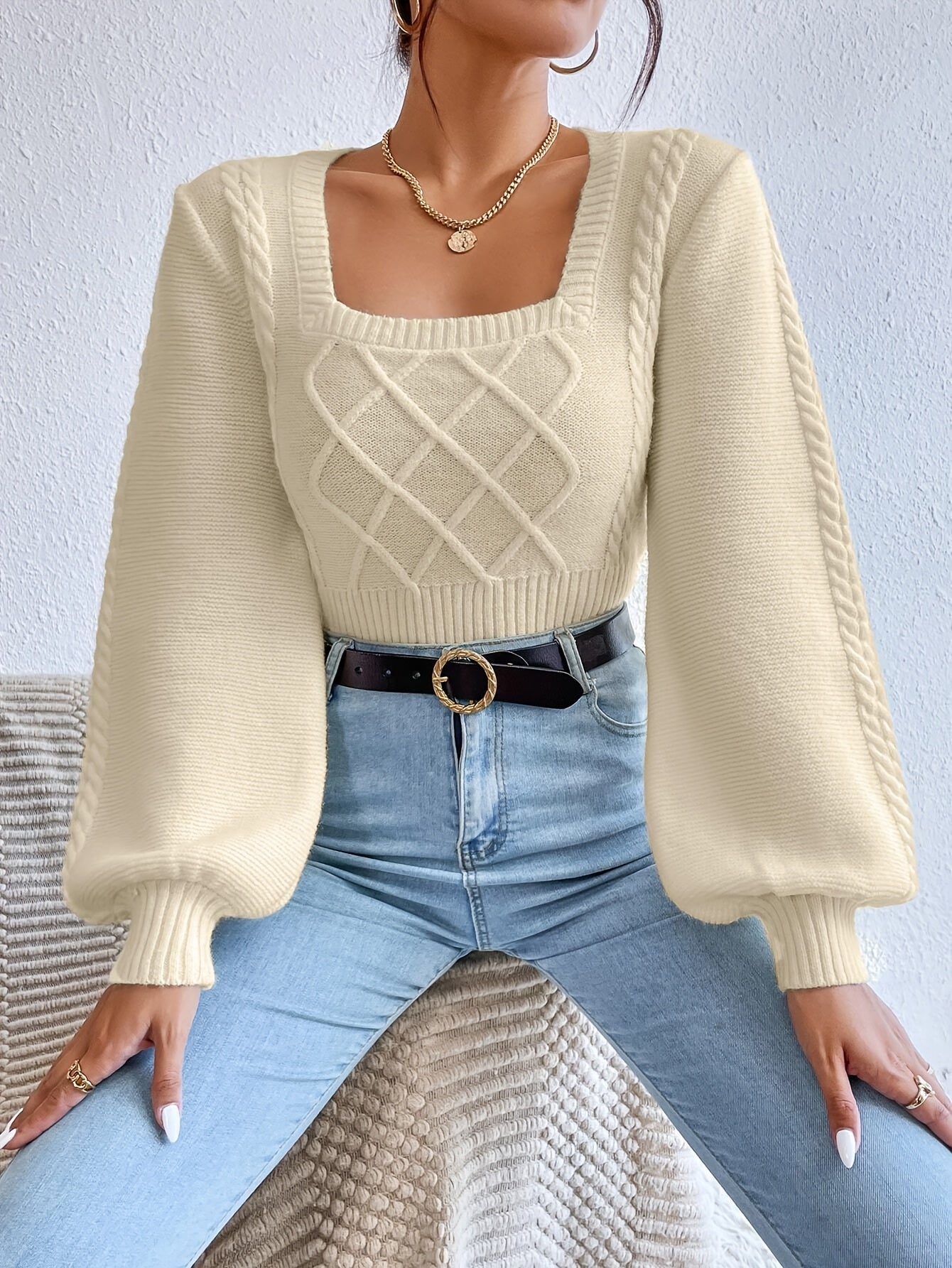 Cable Square Neck Knitted Sweater, Casual Long Sleeve Pullover Sweater For Fall & Winter, Women's Clothing MyFave Boutique