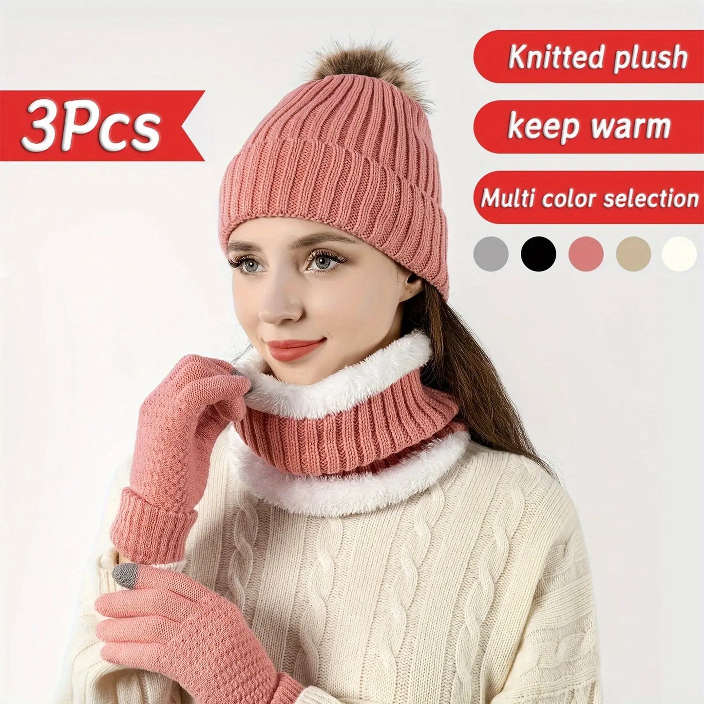 3pcs Cozy Knit Winter Set - Thickened Fleece-Lined Scarf, Gloves & Hat for Outdoor Warmth | Hand Wash Only MyFave Boutique