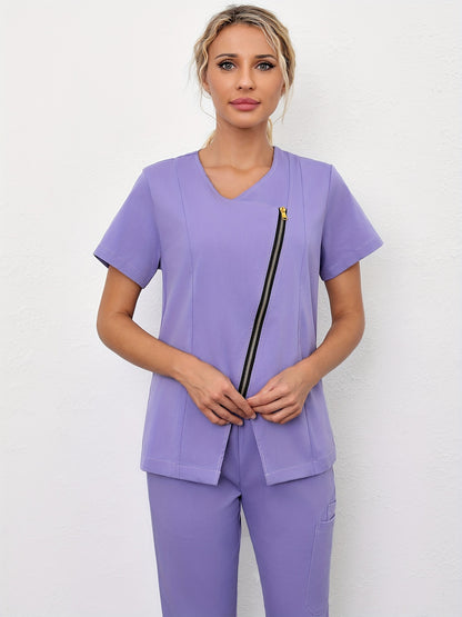 Short Sleeve V-neck Zipper Top, Comfortable & Functional Health Care Uniform For Nurse, Women's Clothing MyFave Boutique