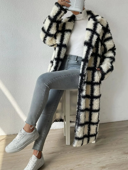 Elegant Plaid Drop Shoulder Long Pants Fleece-Lined Long Sleeve Polyester Coat for Women - Autumn/Winter MyFave Boutique